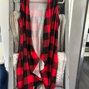 Red and Black Plaid Open Vest
